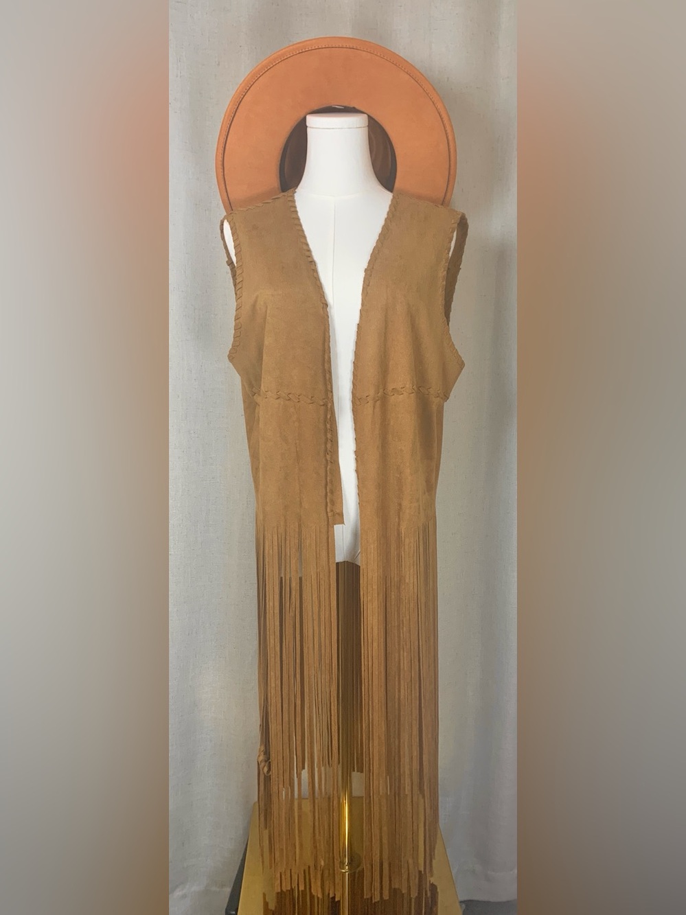 Fornia Camel Faux Suede Fringe Duster Vest Boho Western Festival Longline